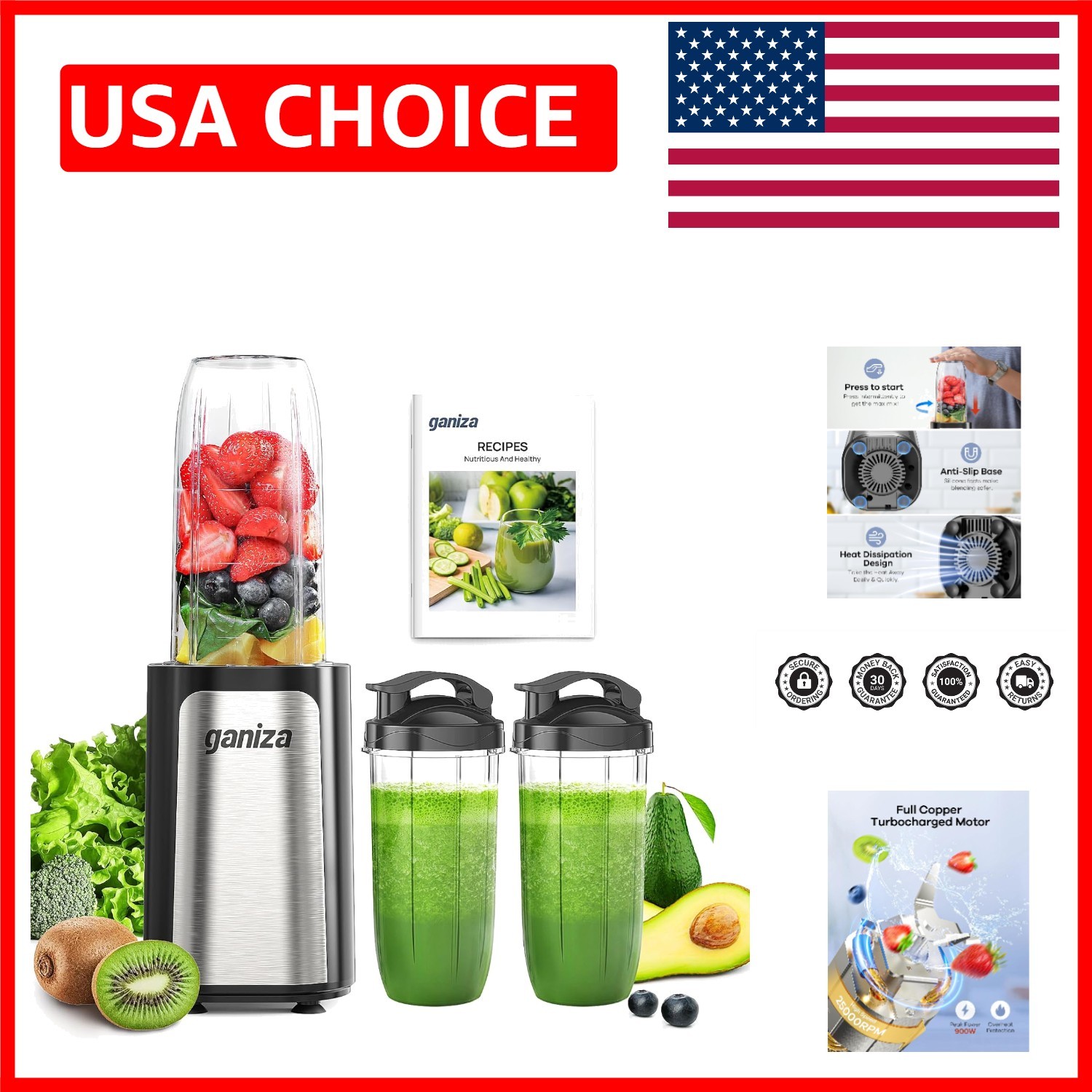 900W Smoothie Blender Combo with BPA-Free Cups & Healthy Recipe Book Included