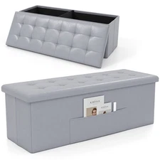 43 Inches Folding Storage Ottoman Bench with Side Pocket Storage Chest