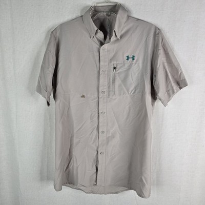 Under Armour Mens Small Loose Fit Heat Gear Tan Vented Fishing Button Up Shirt