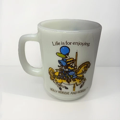 Vintage Holly Hobbie & Robby Milk Glass Mug Carousal Horse Merry Go Round AH