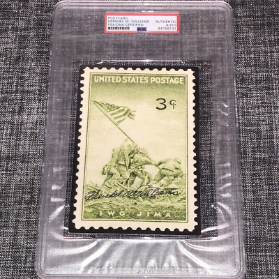HERSHEL WILLIAMS SIGNED POSTCARD BATTLE OF IWO JIM MEDAL OF HONOR PSA/DNA SLAB