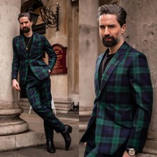 Premium Men Green Plaid Peak Lapel Groom Tuxedo Prom Party Casual Wedding Suit