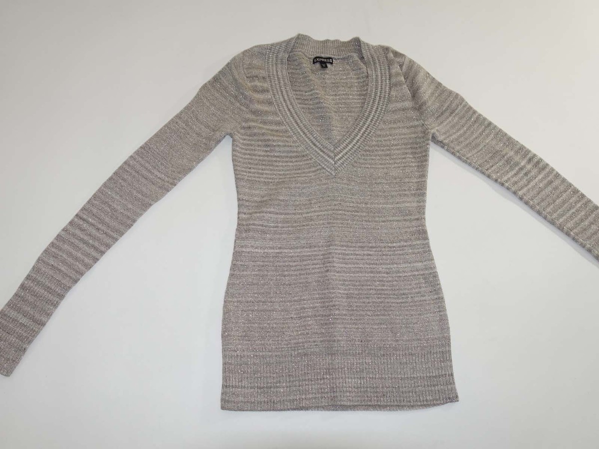 Express Women's Sparkly V-Neck Sweater Medium Gray Pullover Long