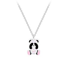 925 Sterling Silver Cute Panda Pink Feet Glitter Charm Pendant Necklace Kids