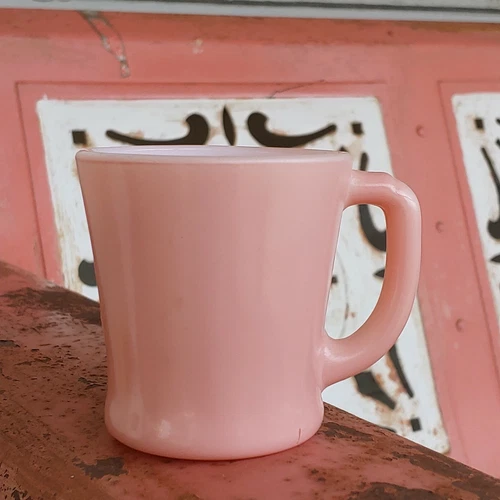 vtg Fire King pink D handle mug oven ware flamingo MCM fireking milk glass cup