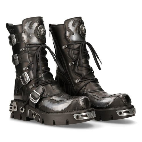 Bottes New Rock Modèle 107-S2 - Cuir Noir Et Argent, Motifs Crâne, Tailles 40 à 46, Neuves