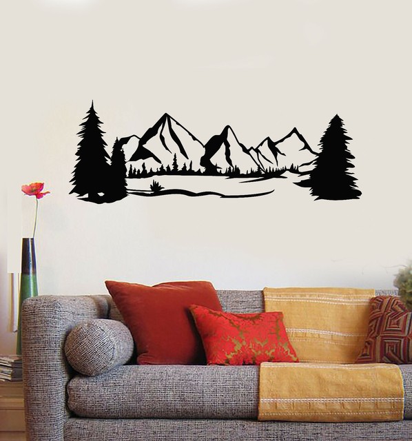 Vinyl Wall Decal Landscape Scenery Terrain Snowy Mountain Trees
