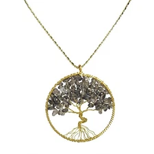 Smokey Quartz Eternal Tree of Life Brass Long Necklace Earth Tone Spiritual