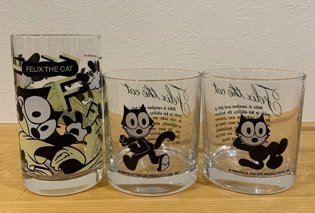 NEW! Vintage! FELIX THE CAT Glass Cup Tumbler Set of 3 Japan 1990