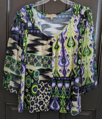 Womens Notations XL Blouse Purple Black Beige Green with Nice Design Pre-owned