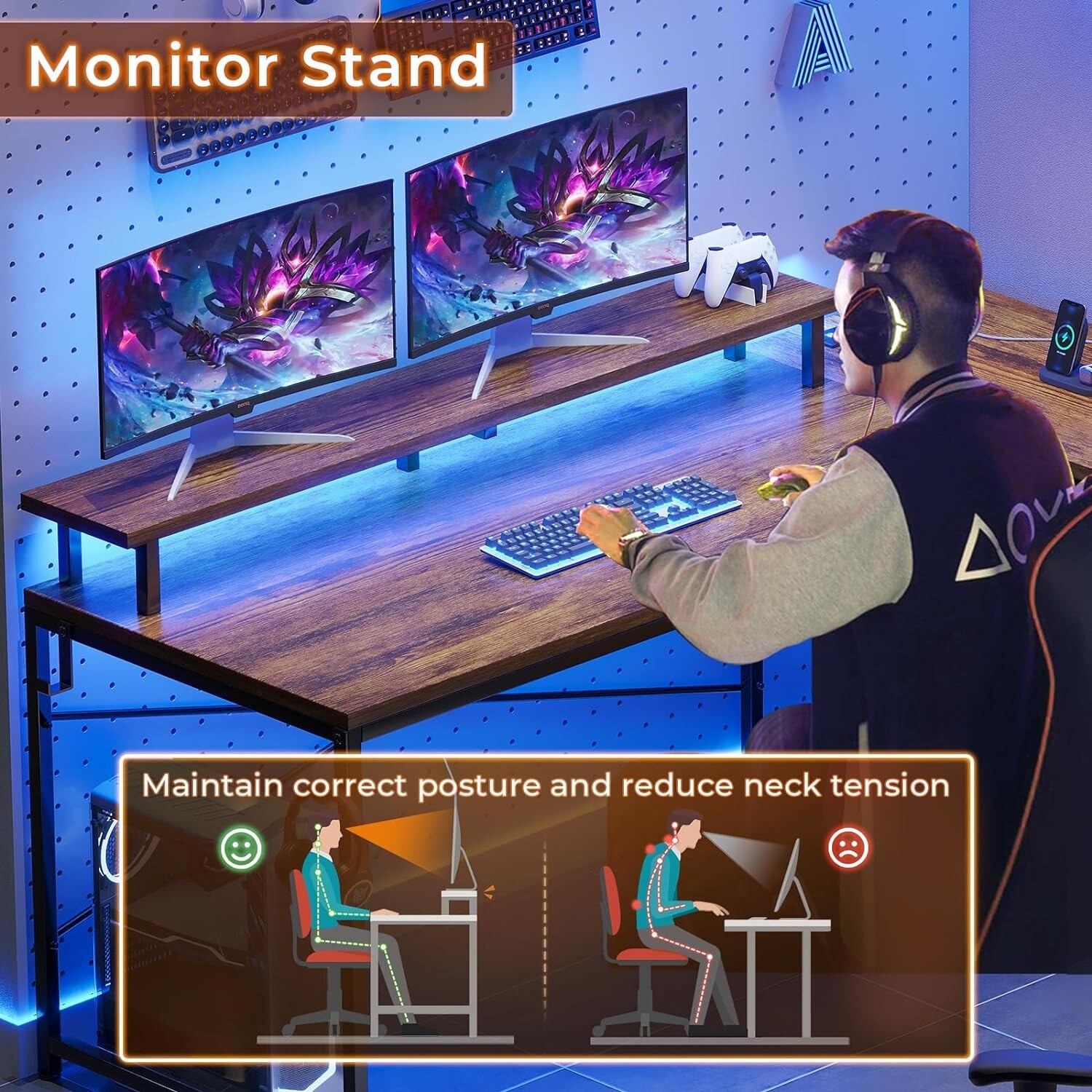 L Shaped Desk, Corner Gaming Desk with Power Outlets&LED Lights Home