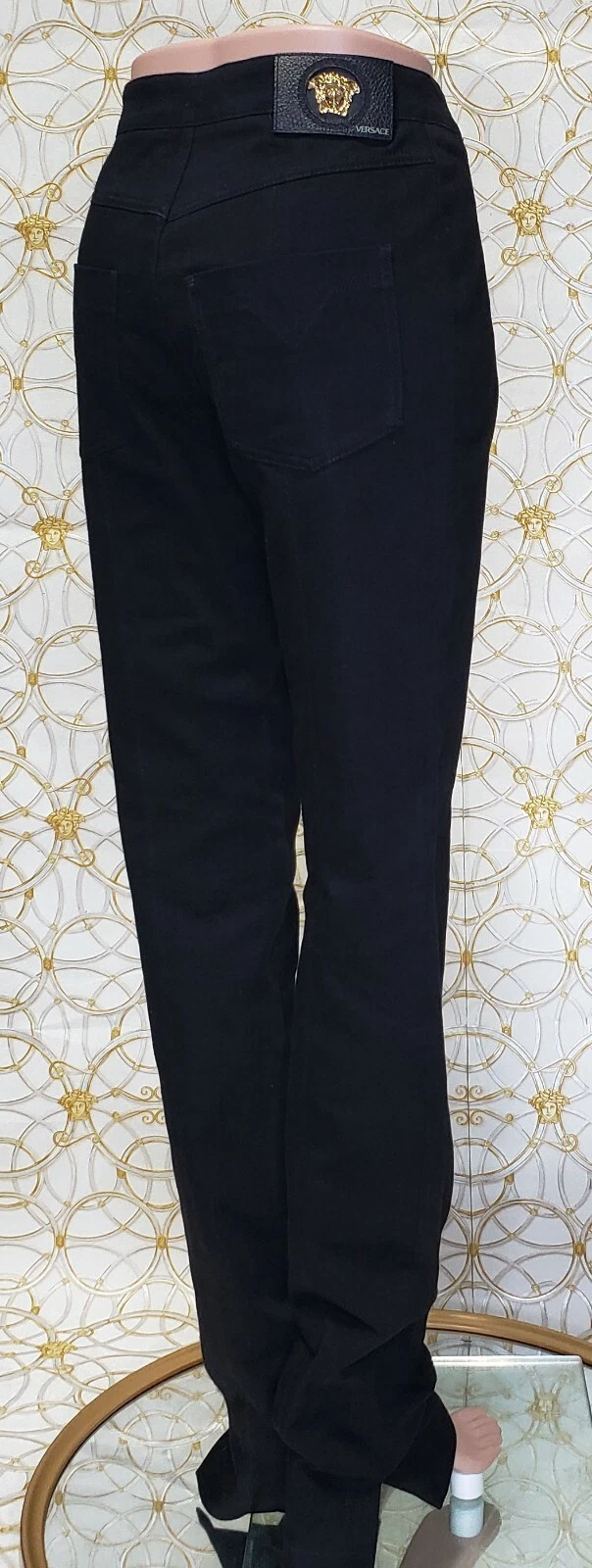 NUOVI JEANS STRETCHY NERI VERSACE con ALLACCIATURA BLU taglia 28