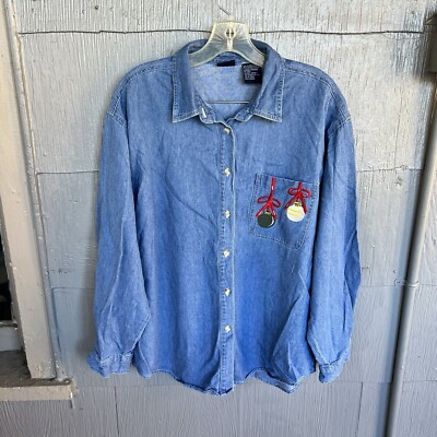 Vintage Honors Button Up Top Women L Blue Jean Denim Shirt Christmas Embroidery