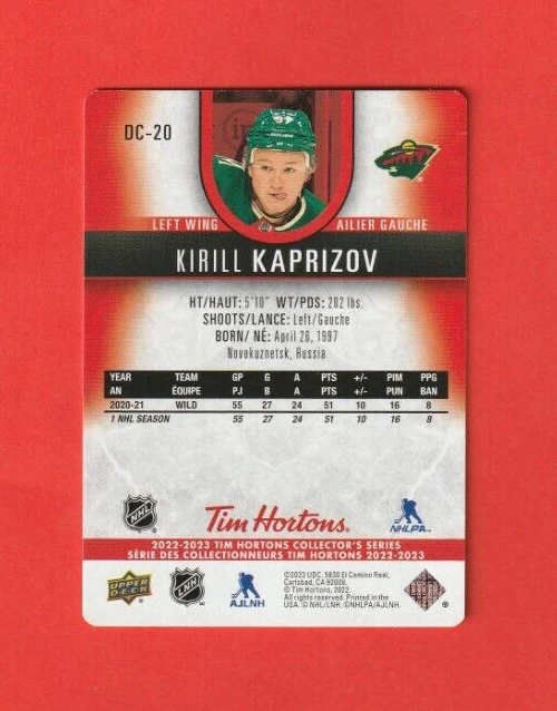 2022-23 Tim Hortons RED DIE CUTS # DC-20 Kirill Kaprizov MINNESOTA WILD - Image 2 of 2