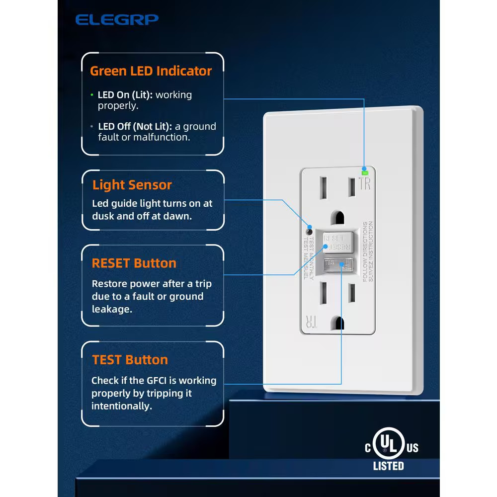 GFCI Outlet with Night Light, 15 Amp 125V Tamper Resistant Duplex Wall Outlet, W