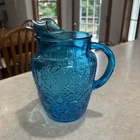 Vintage Anchor Hocking Spring Song Embossed Daisy Pitcher Blue 9” High #SH 2