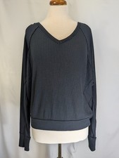 We The Free Black Waffle-Knit Pullover Sweater V-Neck Relaxed Dolman Sleeve Med