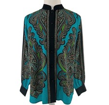Bob Mackie Mandarin Collar Teal Paisley Print Button Front Blouse Large 9600