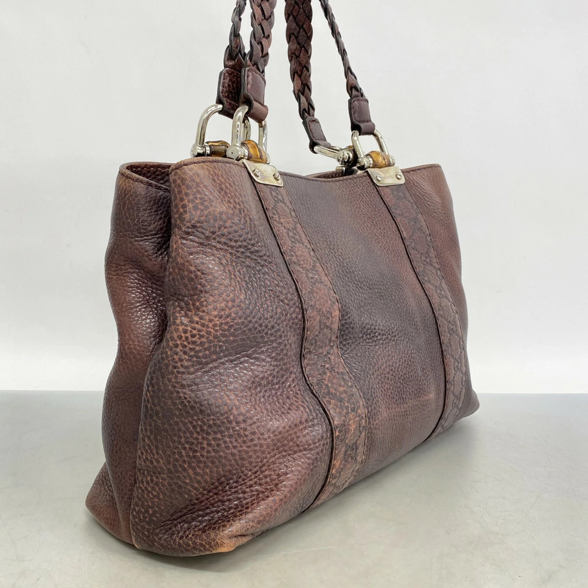 Gucci Guccissima Bamboo Leather Tote Bag Brown Silver thumbnail 2
