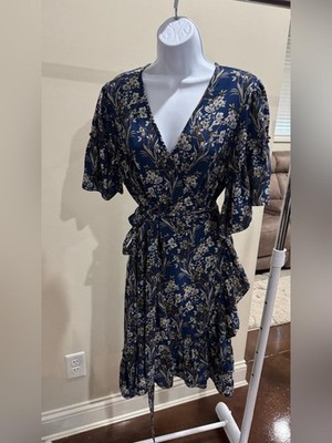Max Studio Navy Floral Wrap Midi Dress with Ruffled Sleeves