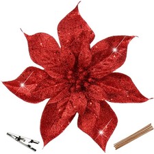 9'' Christmas Poinsettia Flowers 8PCS Red Glitter Artificial Flowers Large Ch...