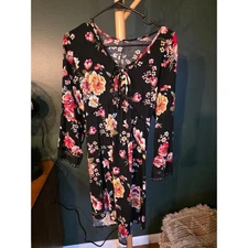 Black Floral Print V Neck Tie Front Lace Trim Long Sleeve Mini Dress