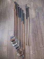 12 Antique Hickory Wood Shaft Golf Clubs Putter Mashie Irons, 3 Extra Shafts
