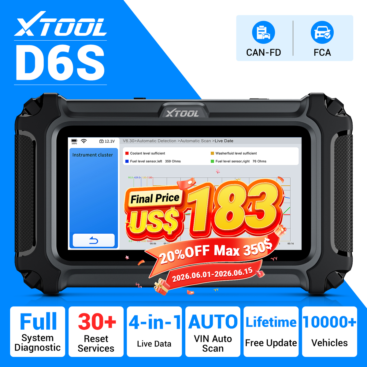 XTOOL D6S OBD2 Scanner Full System Diagnostic Code Reader Scan
