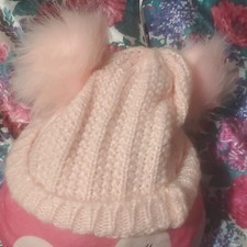 Pink Knit Acrylic Beanie with Fur Trim Pom Ears, Girls, Winter, One Size
