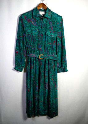 VTG Schrader Artsy Paisley Pleated Secretary Midi Dress Size 14 Belted Office