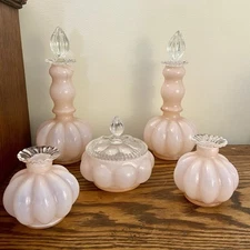 FENTON GLASS~VINTAGE "ROSE" MELON VANITY SET~ POWDER BOX & PERFUMES 