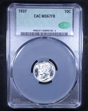 1937 Mercury Dime - 10c CACG MS67 FB - Full Bands - Lustrous!