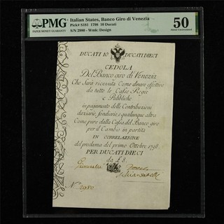 1798 Estados italianos Banco Giro di Venezia 10 Ducati Pick #S181 PMG 50 UNC