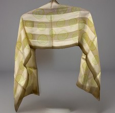 1960s MOD Satin Scarf Ivory Olive Brown Vignette Frame 11x54&rdquo; Hand Rolled Hem