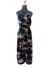 Maxi Blue Floral Dress Size XL Gold Rope Straps Elastic Waist
