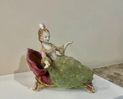 Vtg Dresden Style Lace Porcelain Lady Reclining Chaise Settee Victorian Figurine - Image 1 of 4
