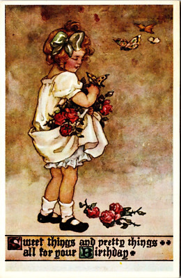 Postcard Sweet Things...for your Birthday - Little Girl Bird Butterfly Roses