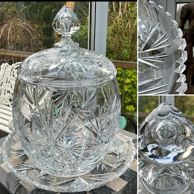  RIESIGER SCHWERER GESCHLIFFENER GLAS 13  PUNCH SCHÜSSEL DECKEL UND 12  TABLETT HOBSTAR KASTELLIERTER RAND