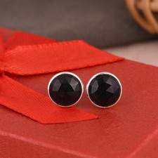 925 Silver Natural Black Onyx Push Back Earrings Minimalist Stud Women Earring