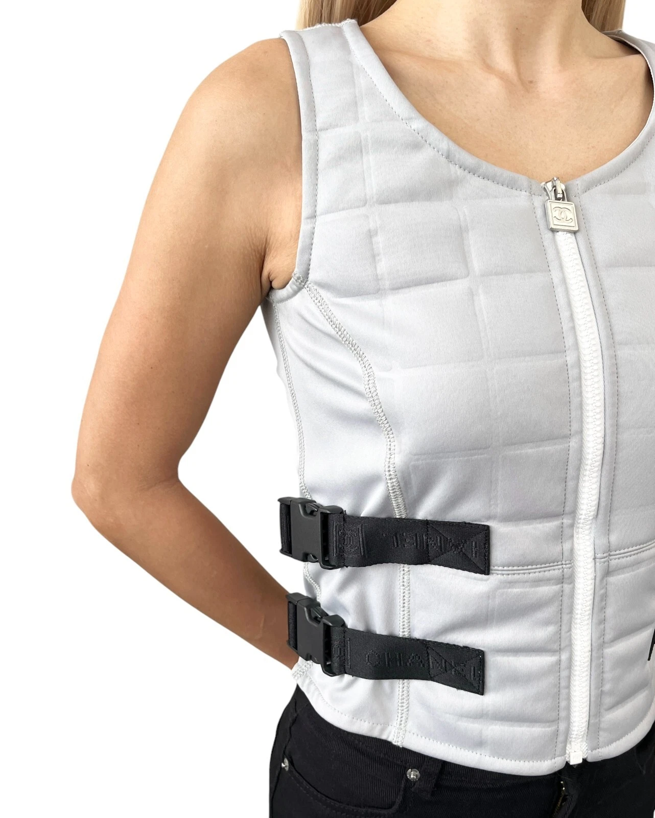 Giacca gilet CHANEL vintage 2004 logo CC Mark #38 grigio nero poliestere zip