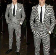 Men Houndstooth Suit Checkered Leisure Prom Party Groom Tuxedos Wedding Suits