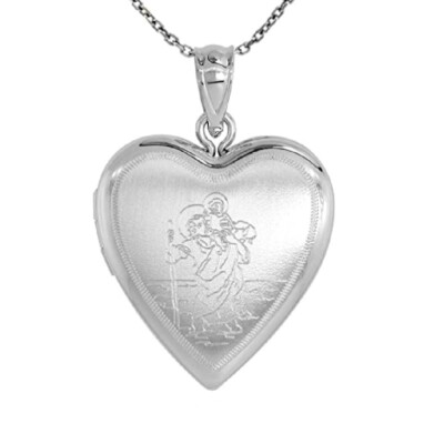 Sterling Silver Engraved St Christopher Heart Locket Pendant, 18'' Cable Chain