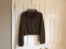 Quarter Zip Pullover Top Cropped Sweatshirt Olive Green Brown Size Large