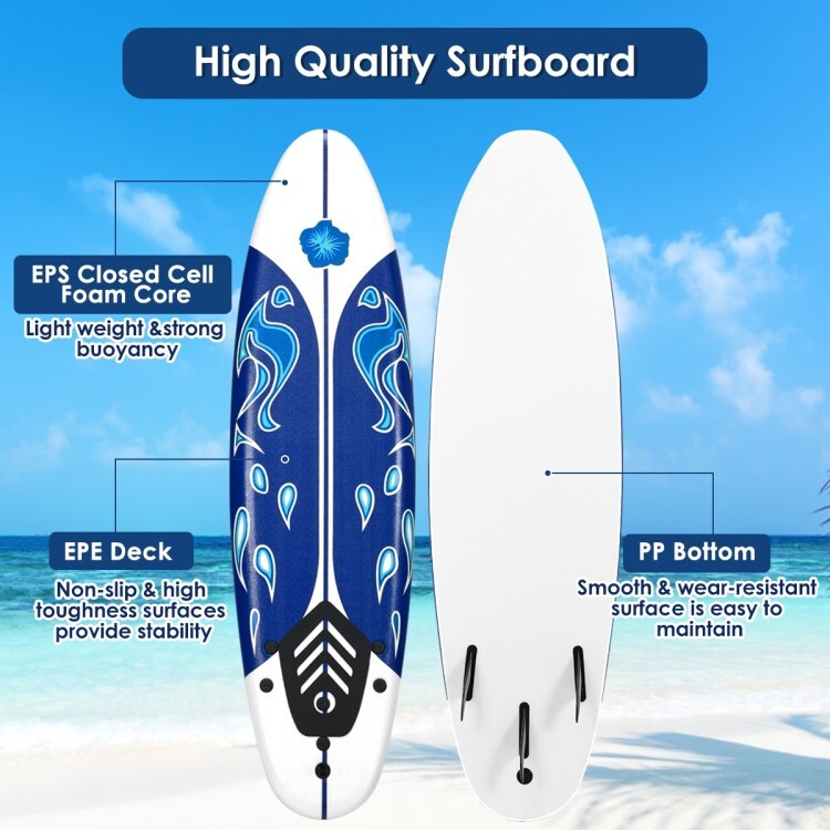 6' Surfboard Foam Body Surfing Board W/3 Fins & Leash Beach