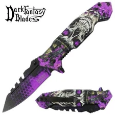 8.5" DARK FANTASY BLADES SKULL PRINTED SPRING ASSISTED FOLDING KNIFE PURPLE