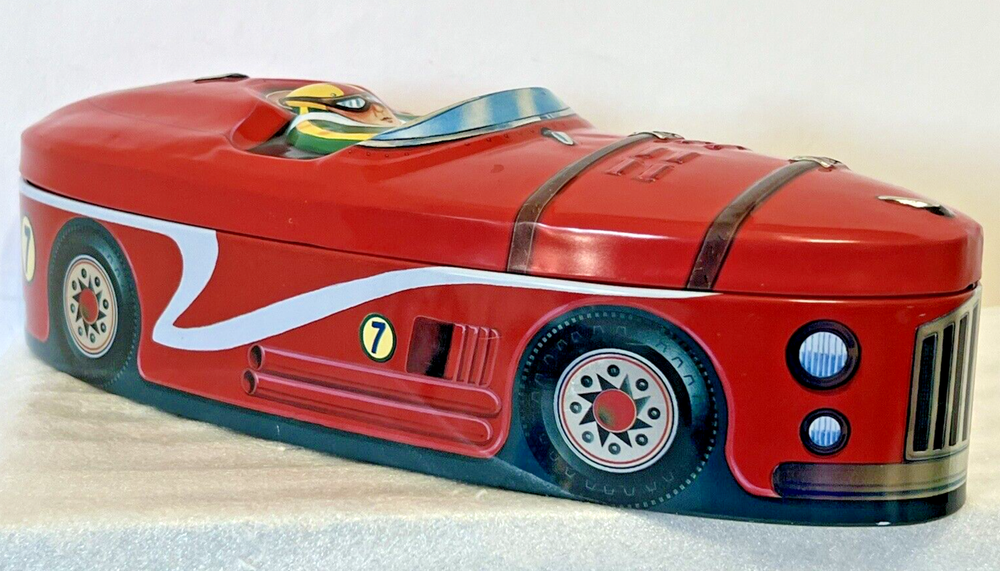 COLLECTIBLE RED BRITISH SPORTS RACE CAR TIN CANDY BOX