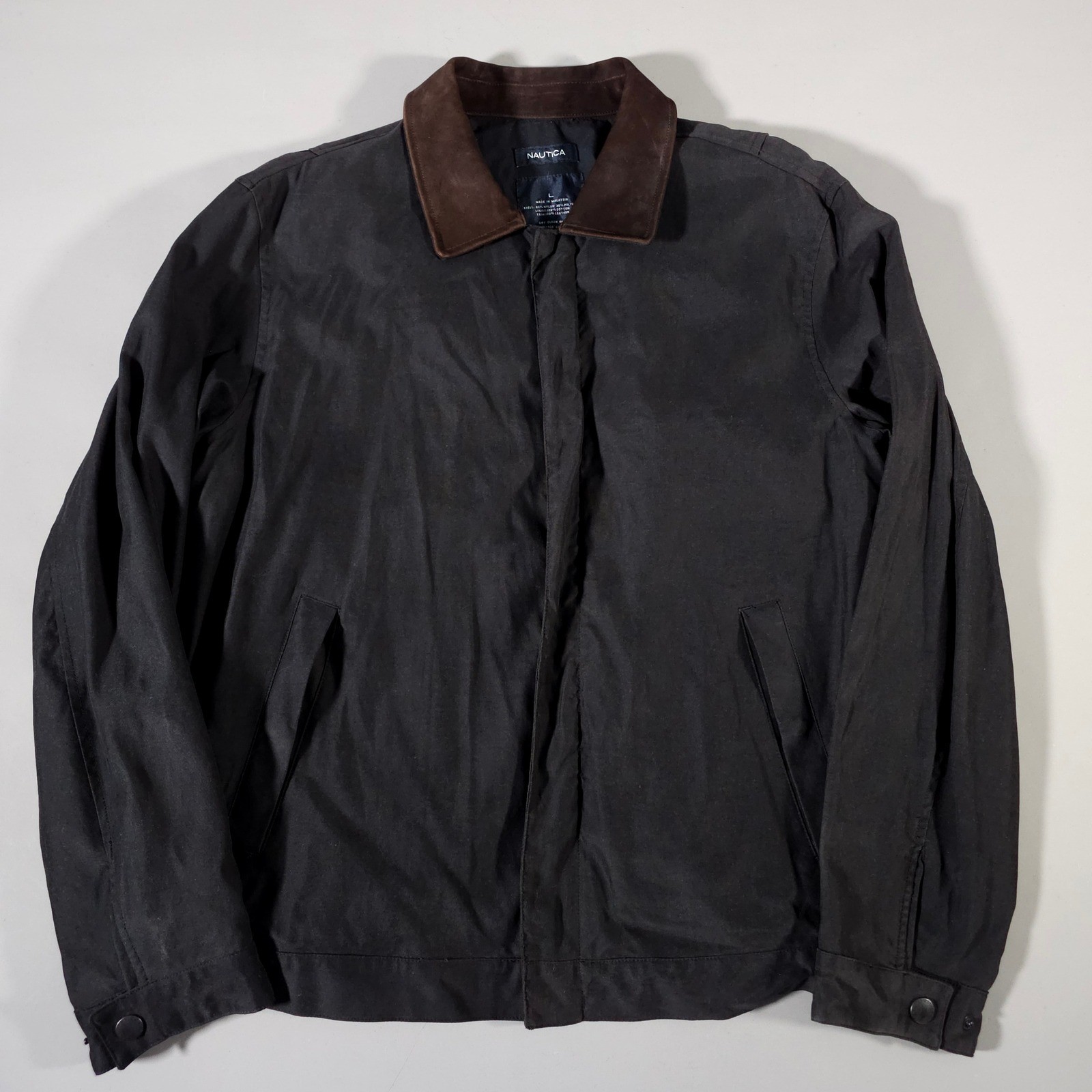 Nautica Harrington Jacket Mens Large Black Leather Collar Full Zip Coat Vintage