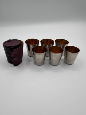 German Stackable Shot Glass Set 6 Metal Cups Leather Case Vintage