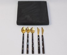 5 pezzi coltelli e cucchiai demitasse legno laccato madreperla formica asiatica abalone