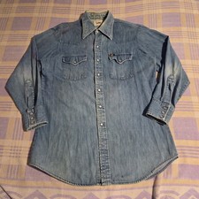 Vintage 70s Lee Denim Pearl Snap Shirt USA Blue Western Cowboy Extra Long Tails